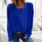 Monci® - Casual Blue Solid Color Round Neck Long Sleeve Sweater