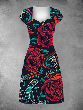 EcoExotica® - Women's vintage rose patchwork casual midi dress