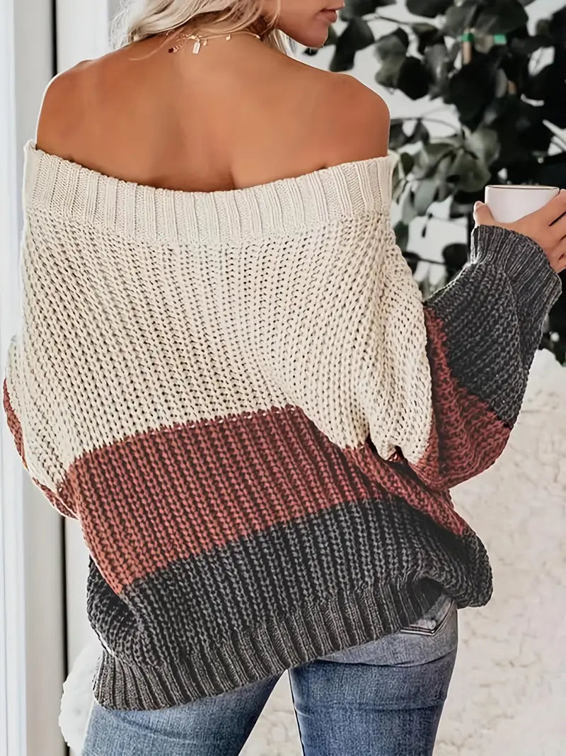 Reunification® - Off Shoulder Color Block Knit Sweater