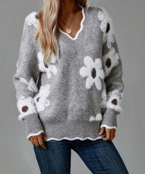 Reverie® - Grey V-neck sweater with floral print