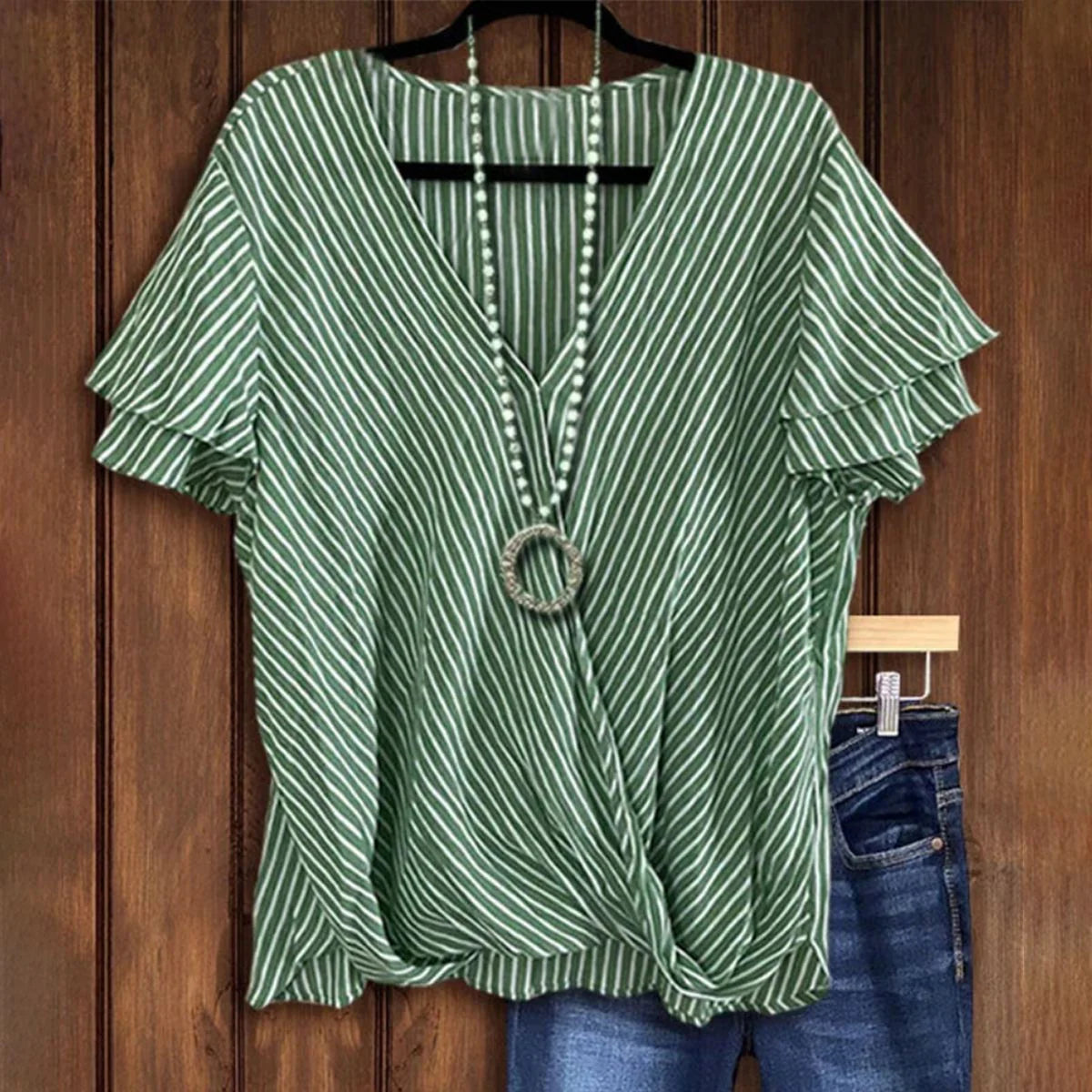 GreenStripe V-Neck Top