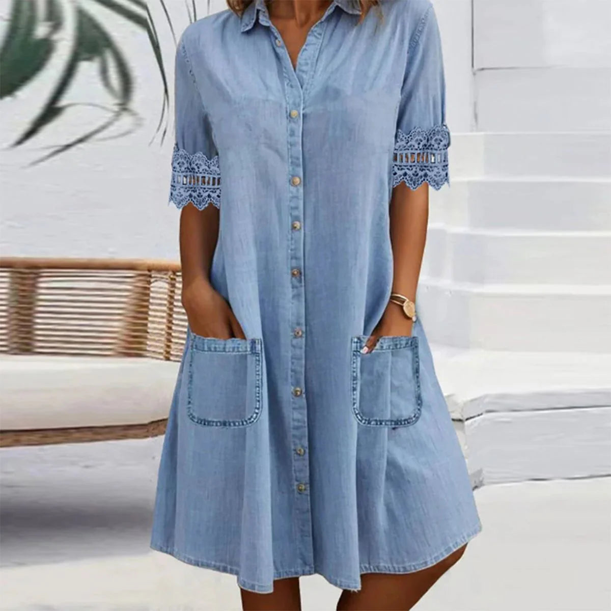 Lace denim dress