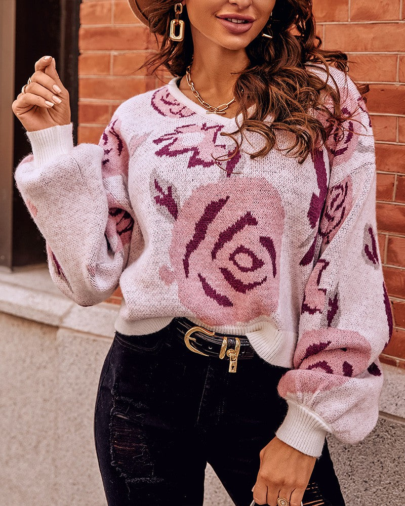 FallStil® - V-neck sweater with lantern sleeves in floral print