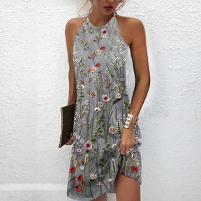 PureWear® - Floral Print Grey Sleeveless High Neck Sheath Dress Mini Dress