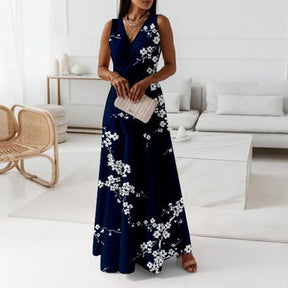 FallStil® - Navy blue floral print sleeveless maxi dress