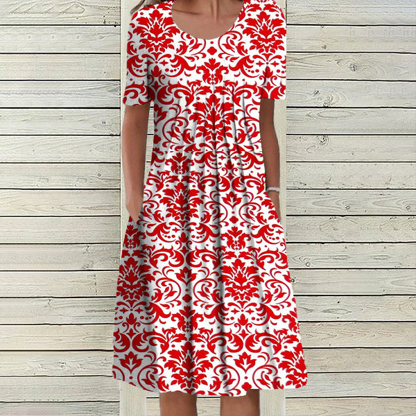 BlütenBliss® - Elegant short-sleeved midi dress with red print