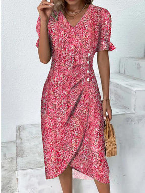 Naturlux® - Little Pink Red Rose Print Wrap Dress V Neck Mini Dres