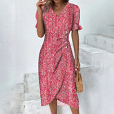 Naturlux® - Little Pink Red Rose Print Wrap Dress V Neck Mini Dres