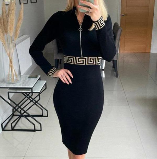 Naturlux® - Stunning black V-neck bodycon midi dress