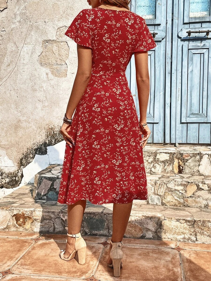 FallStil® - Elegant red print midi dress with square neckline