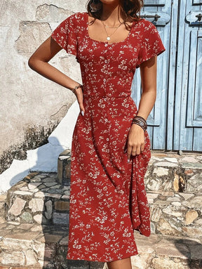 FallStil® - Elegant red print midi dress with square neckline