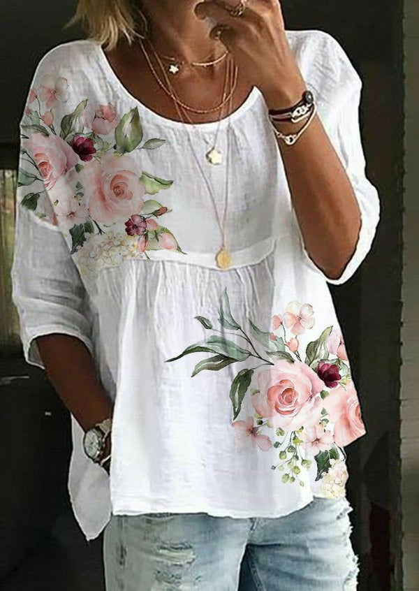 FallStil® - Pink Green Floral Print White Tunic Top