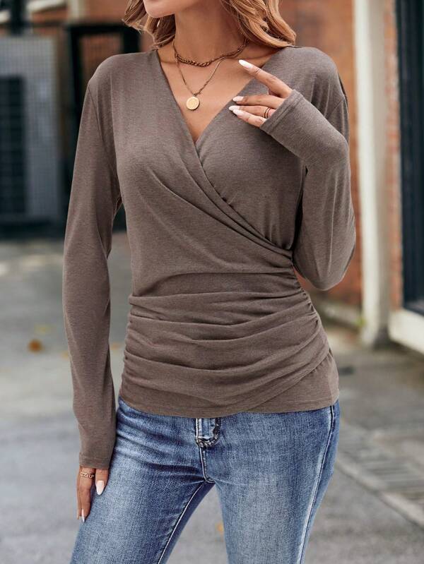 StrickSinn® - Brown plain long-sleeved top with V-neck