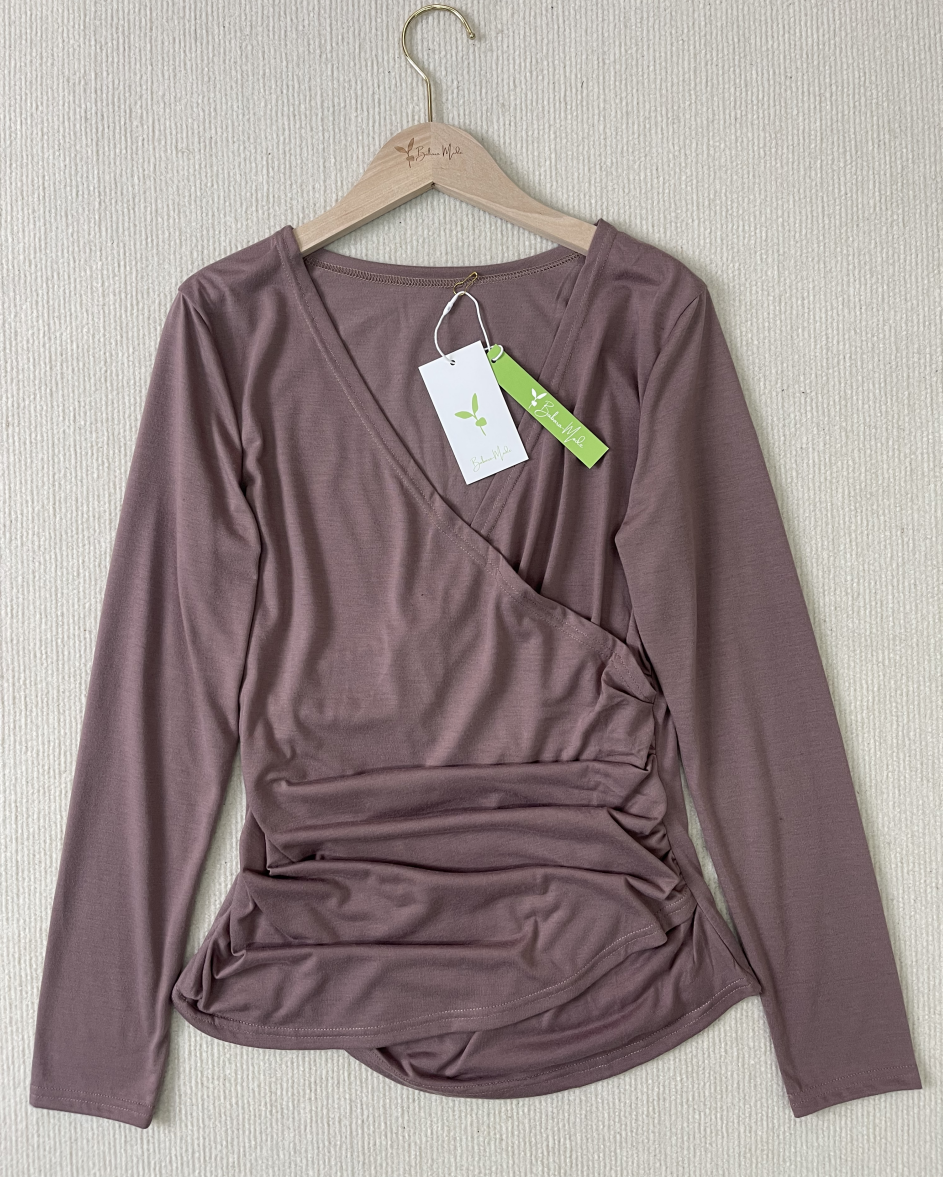 StrickSinn® - Brown plain long-sleeved top with V-neck