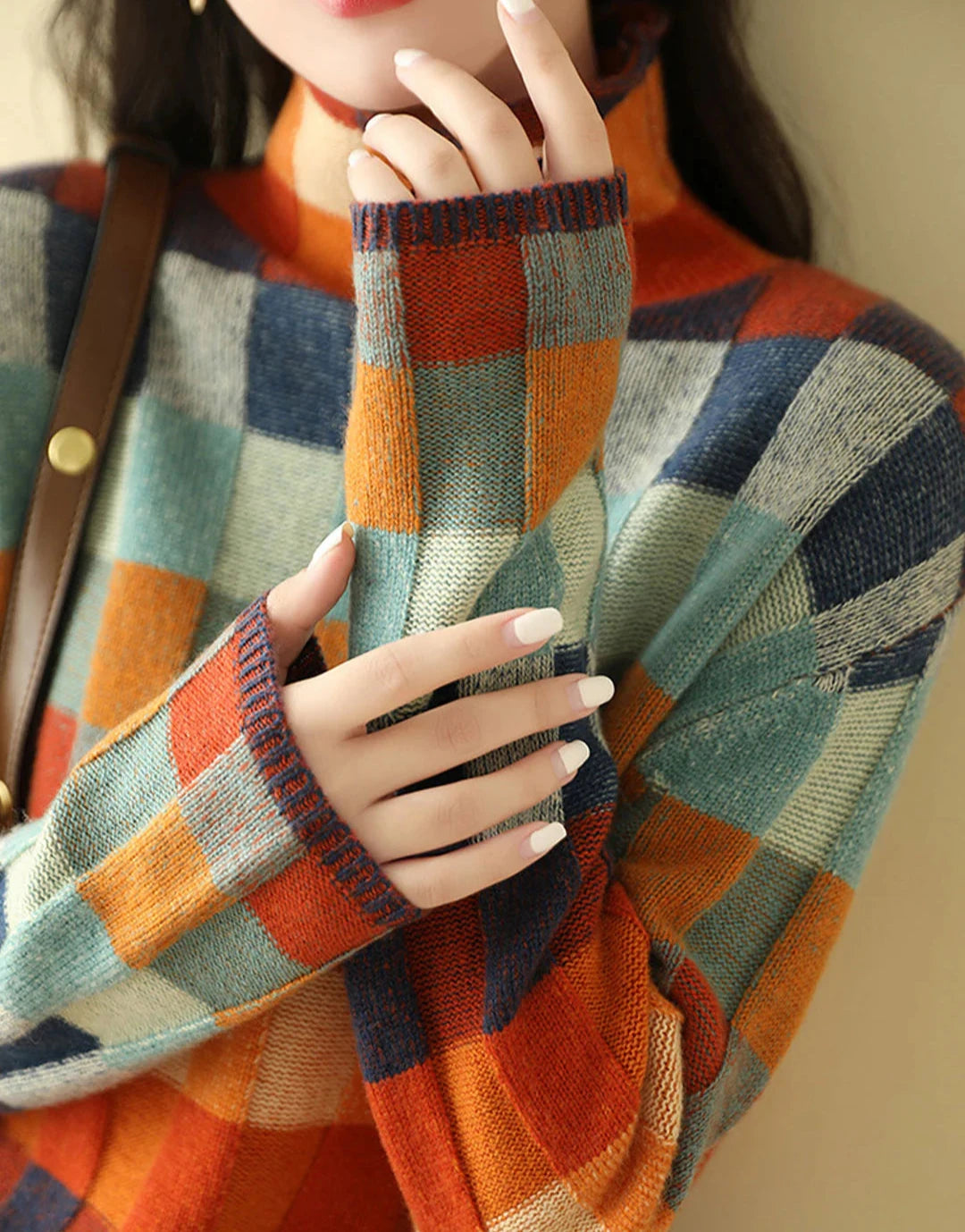 Retro check turtleneck sweater