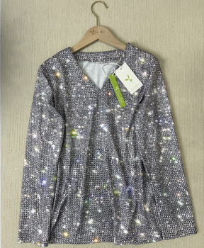 WinterTrend® - Silver Metallic Disco Glitter Print V-Neck Long Sleeve Top