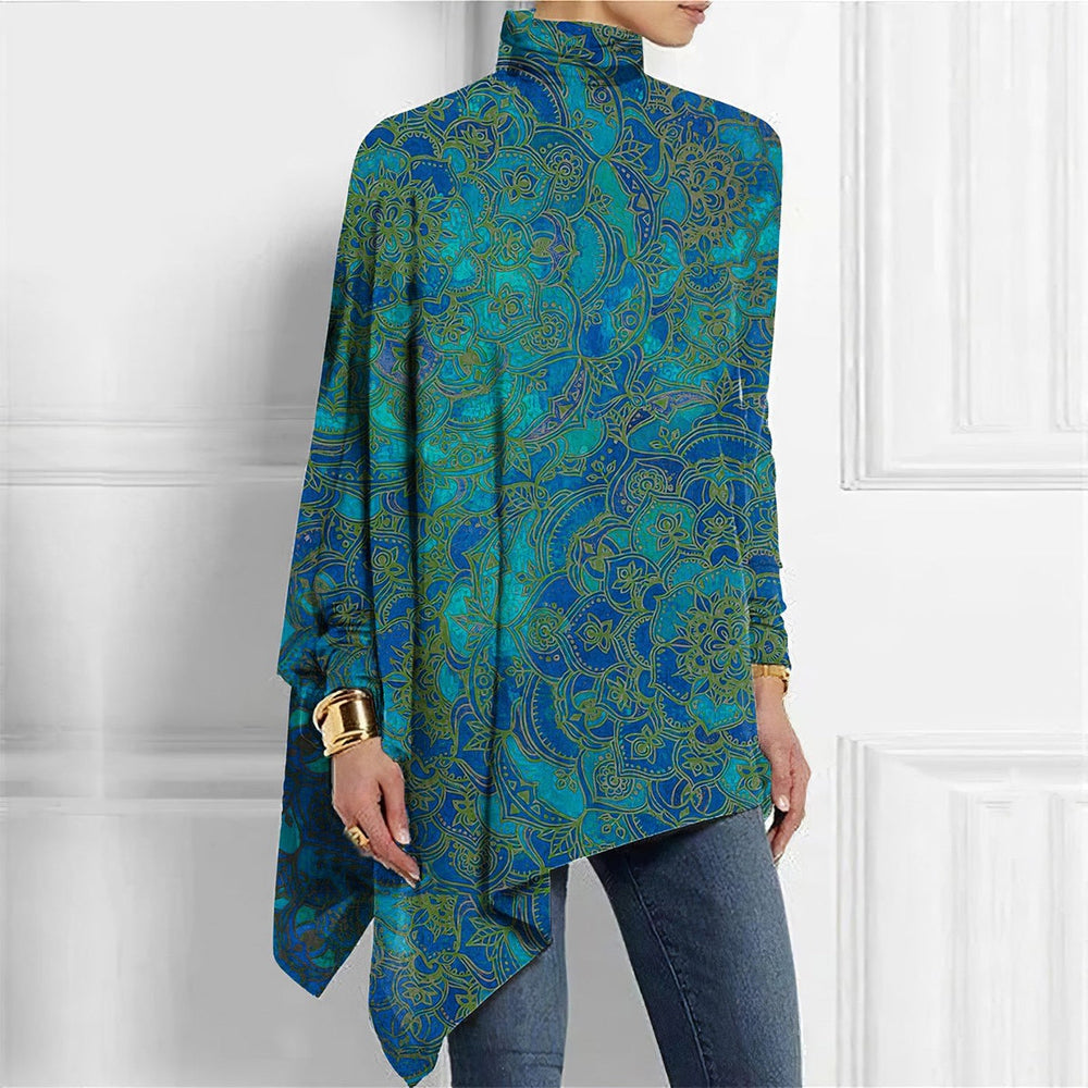 FallStil® - Paisley Green-Blue Ombre Mock Neck Top