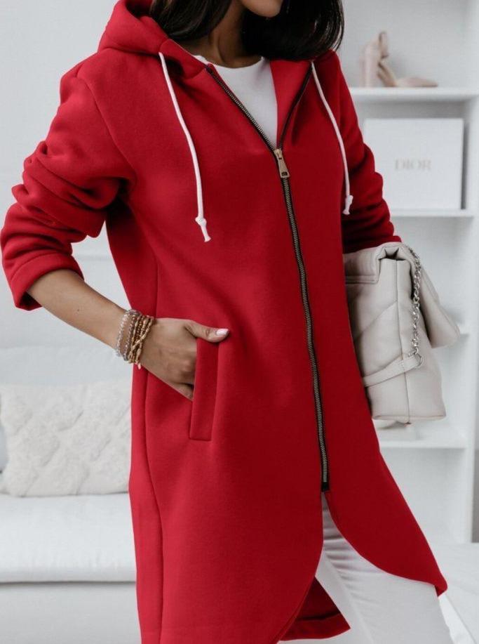 Even&amp;Vil® - Motor Red Uneven Hem Zip Up Hoodie Cardigan