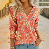 SpringStil® - Boho Summer Flower Red V-neck Top