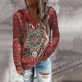 FallStil® - Red Mandala Print Long Sleeve Hooded Henley Sweatshirt