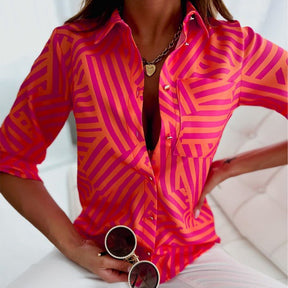 FallStil® - Pink and orange blouse with zigzag stripes and button placket