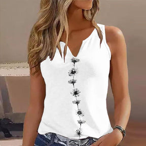 SpringStil® - White Daisy Sleeveless Tank Top with Notched Neck