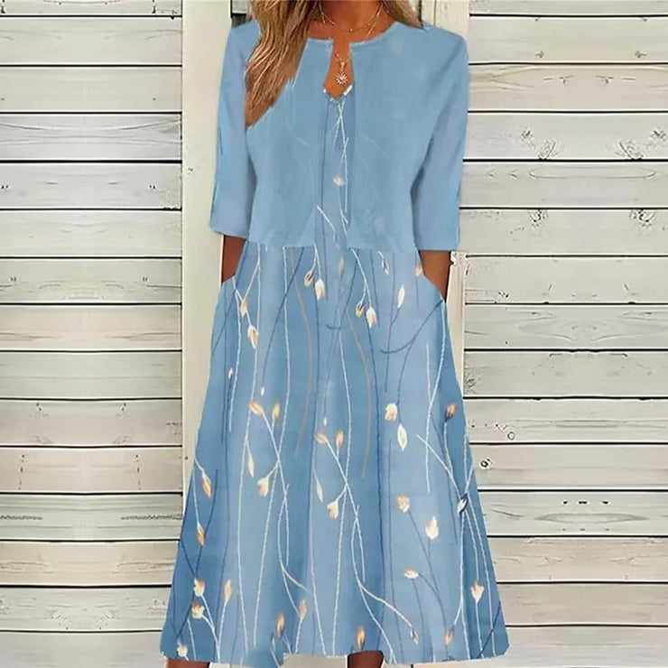 PureWear® - Blue two-piece midi dress with half sleeves and floral print