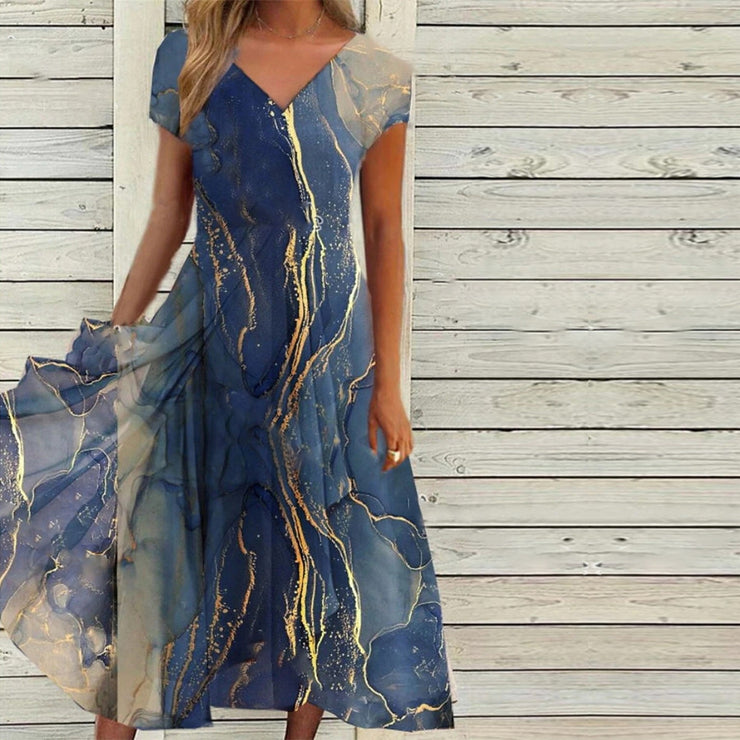 SpringStil® - Gold-blue marbled midi dress with sea wave pattern