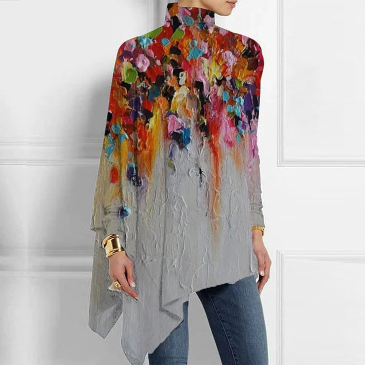 FallStil® - Asymmetrical top with floral watercolor pattern and high neckline