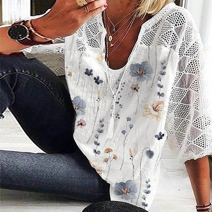 PureWear® - Geo Lace Mesh Floral Print White ¾ Sleeve Top