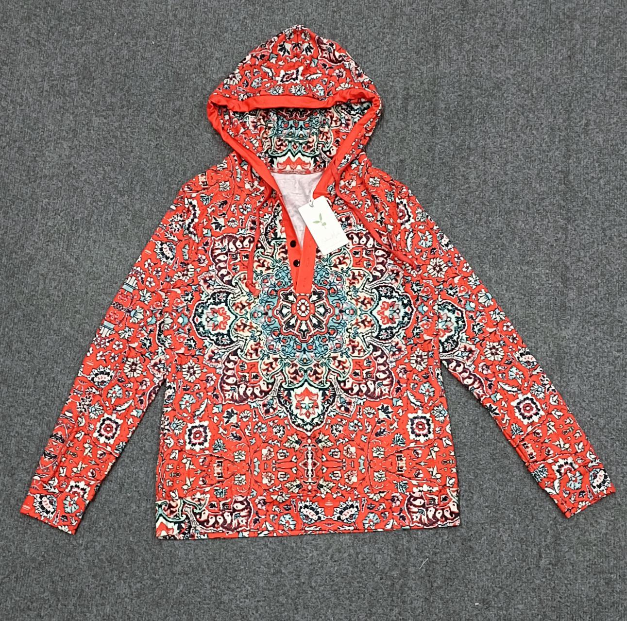 FallStil® - Red Mandala Print Long Sleeve Hooded Henley Sweatshirt