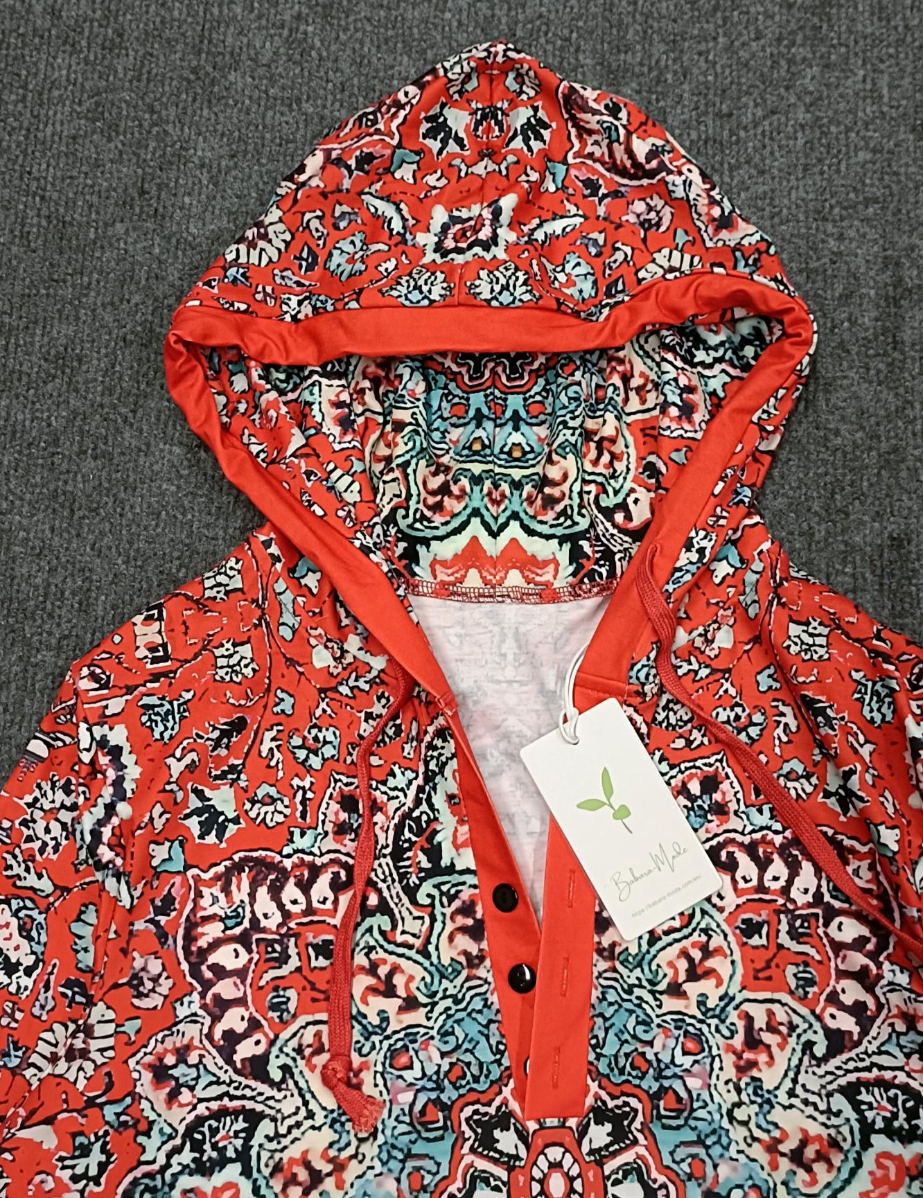 FallStil® - Red Mandala Print Long Sleeve Hooded Henley Sweatshirt