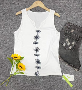 SpringStil® - White Daisy Sleeveless Tank Top with Notched Neck