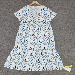 PureWear® - Blue watercolor short sleeve white midi dress