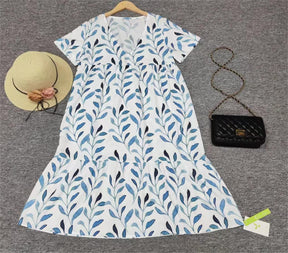 PureWear® - Blue watercolor short sleeve white midi dress