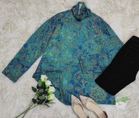 FallStil® - Paisley Green-Blue Ombre Mock Neck Top