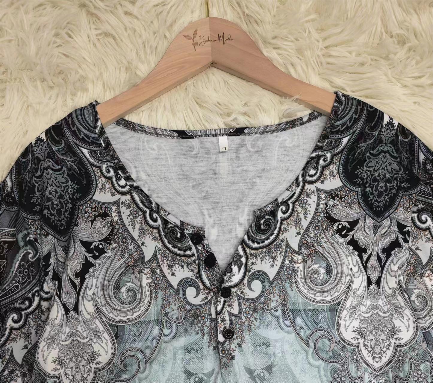 FallStil® - Blue-Gray Oceanic Luxe Print V-Neck Long Sleeve Top