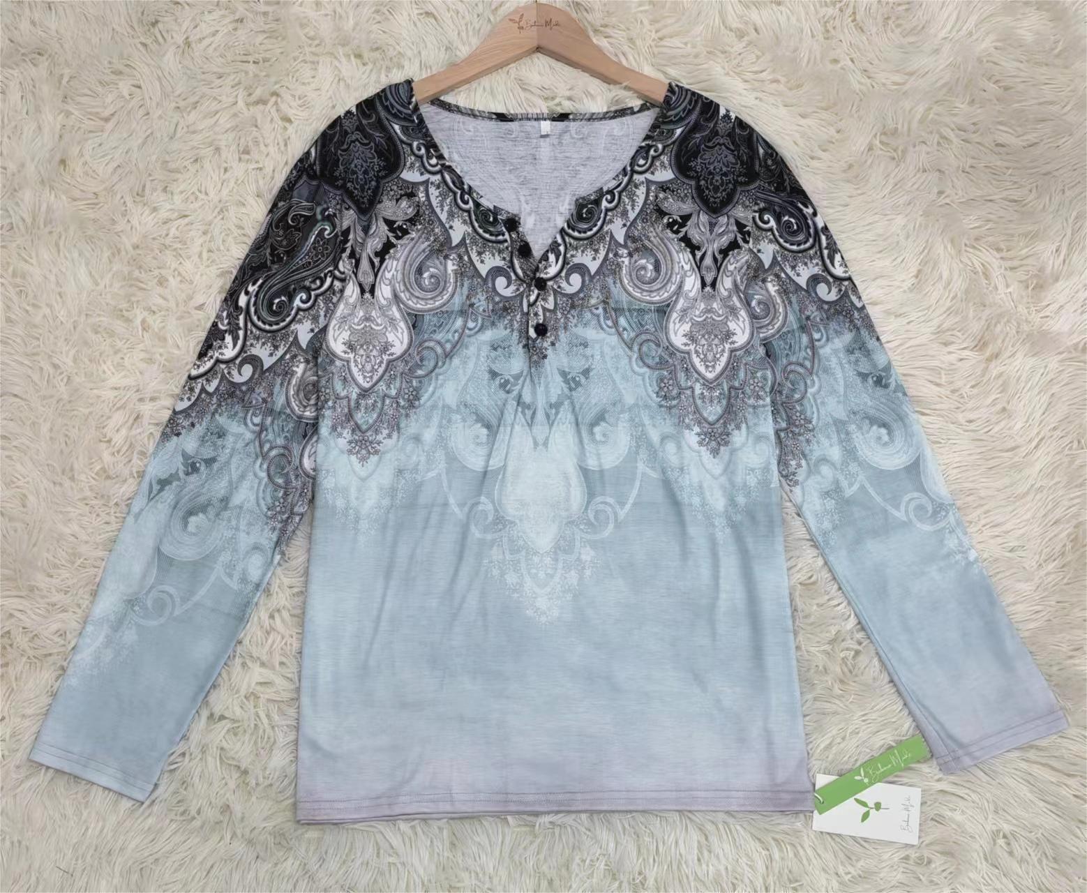 FallStil® - Blue-Gray Oceanic Luxe Print V-Neck Long Sleeve Top