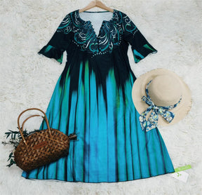 SpringStil® - Ribbon Green Ombre Stripe ¾-Sleeve Midi Dress