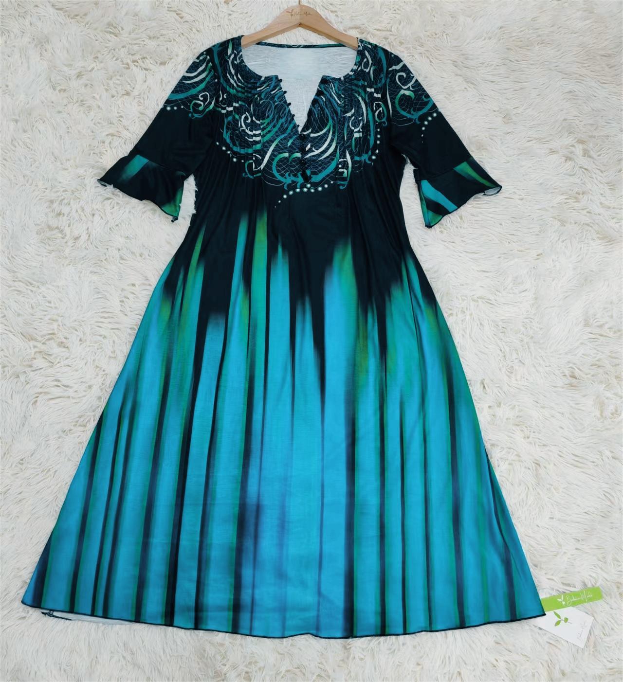 SpringStil® - Ribbon Green Ombre Stripe ¾-Sleeve Midi Dress