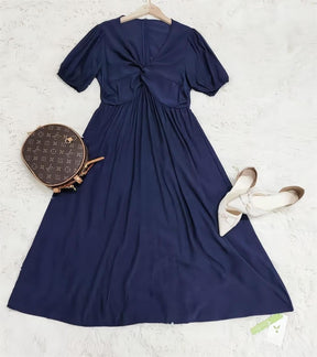 SpringStil® - Navy blue solid midi dress with short sleeves