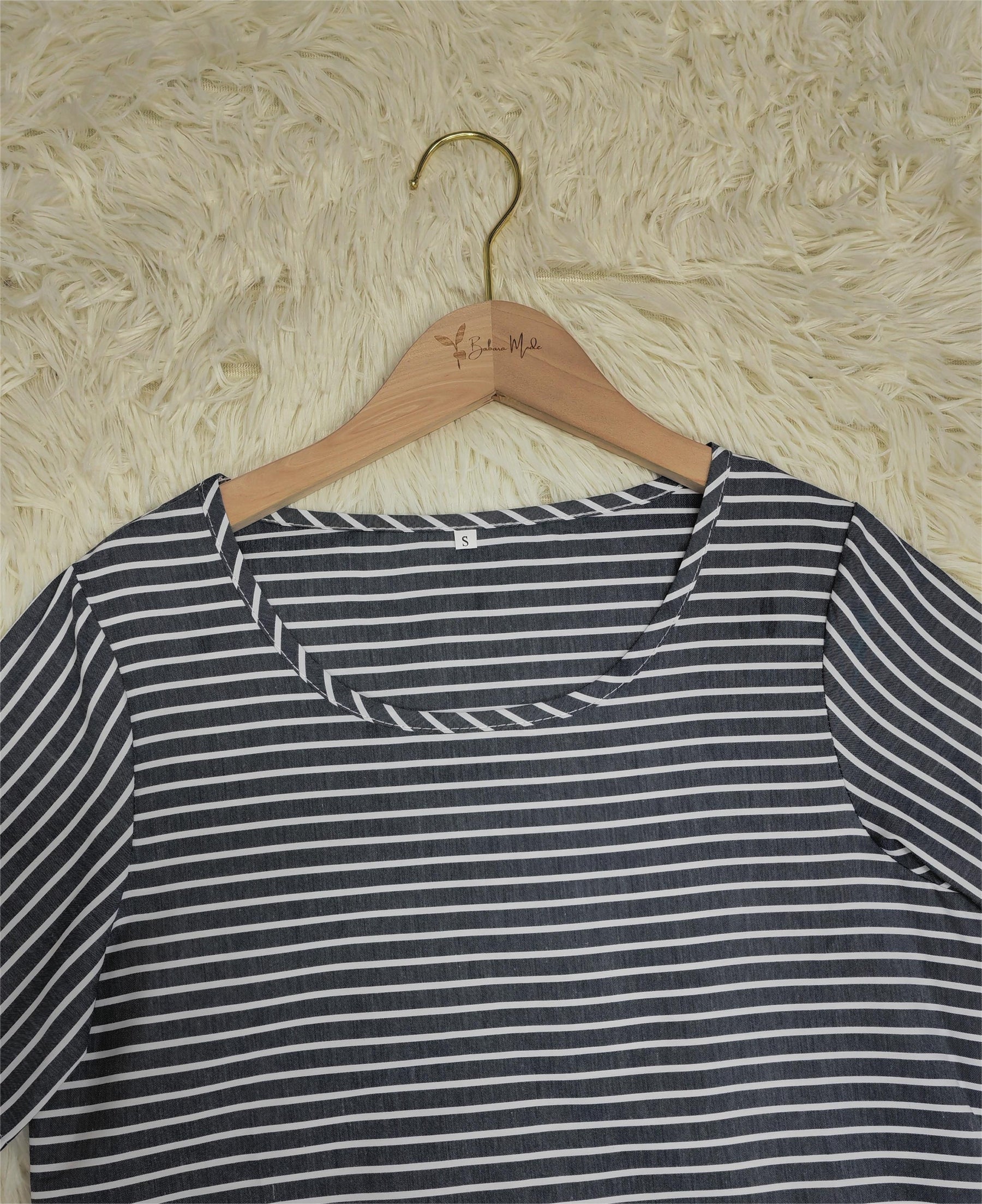 SpringStil® - Navy and white striped midi dress with short sleeves