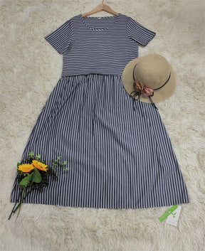 SpringStil® - Navy and white striped midi dress with short sleeves