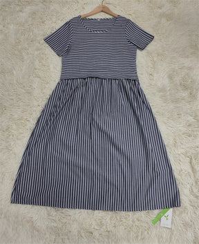 SpringStil® - Navy and white striped midi dress with short sleeves