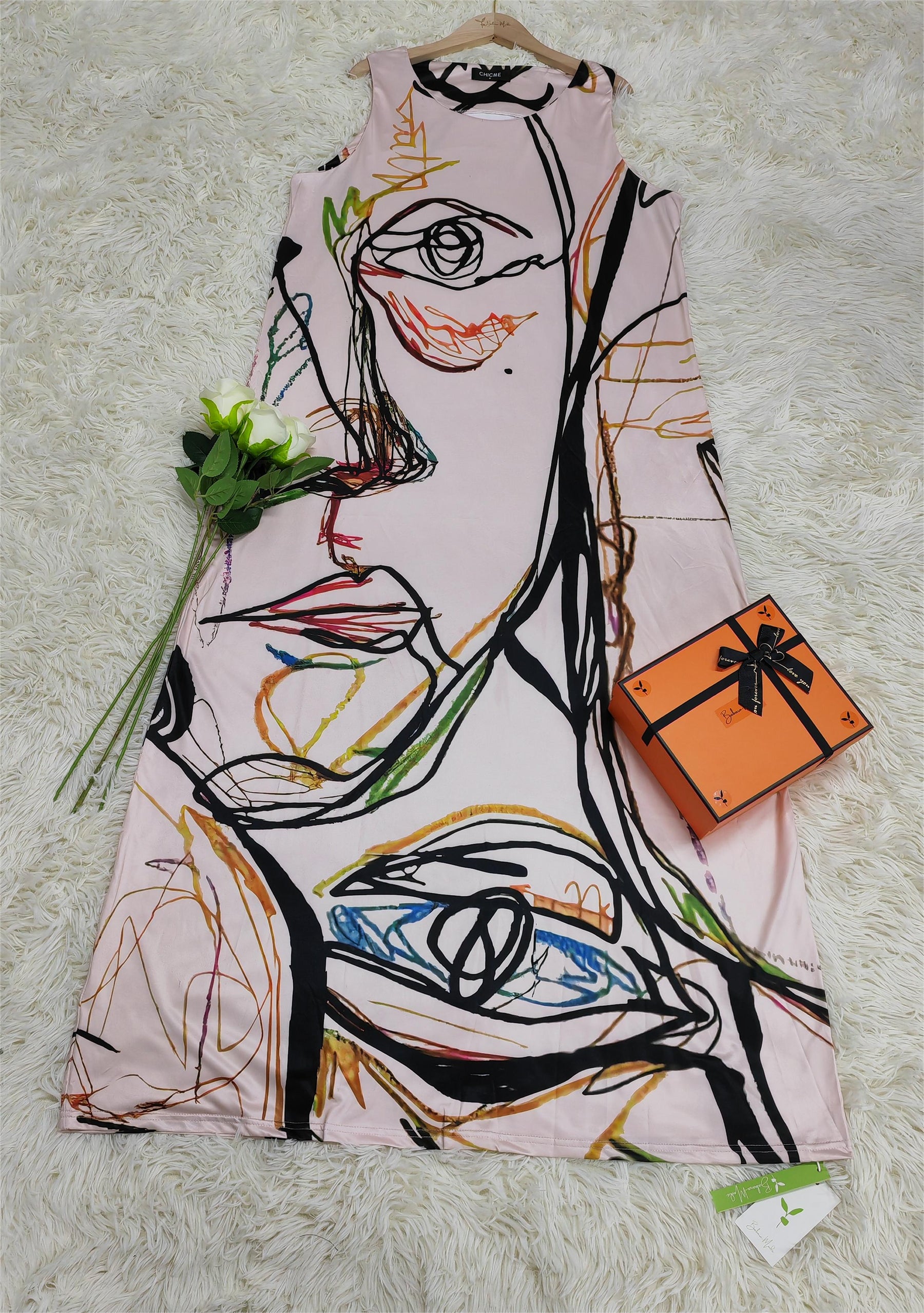 SpringStil® - Abstract Art Apricot Sleeveless Maxi Dress