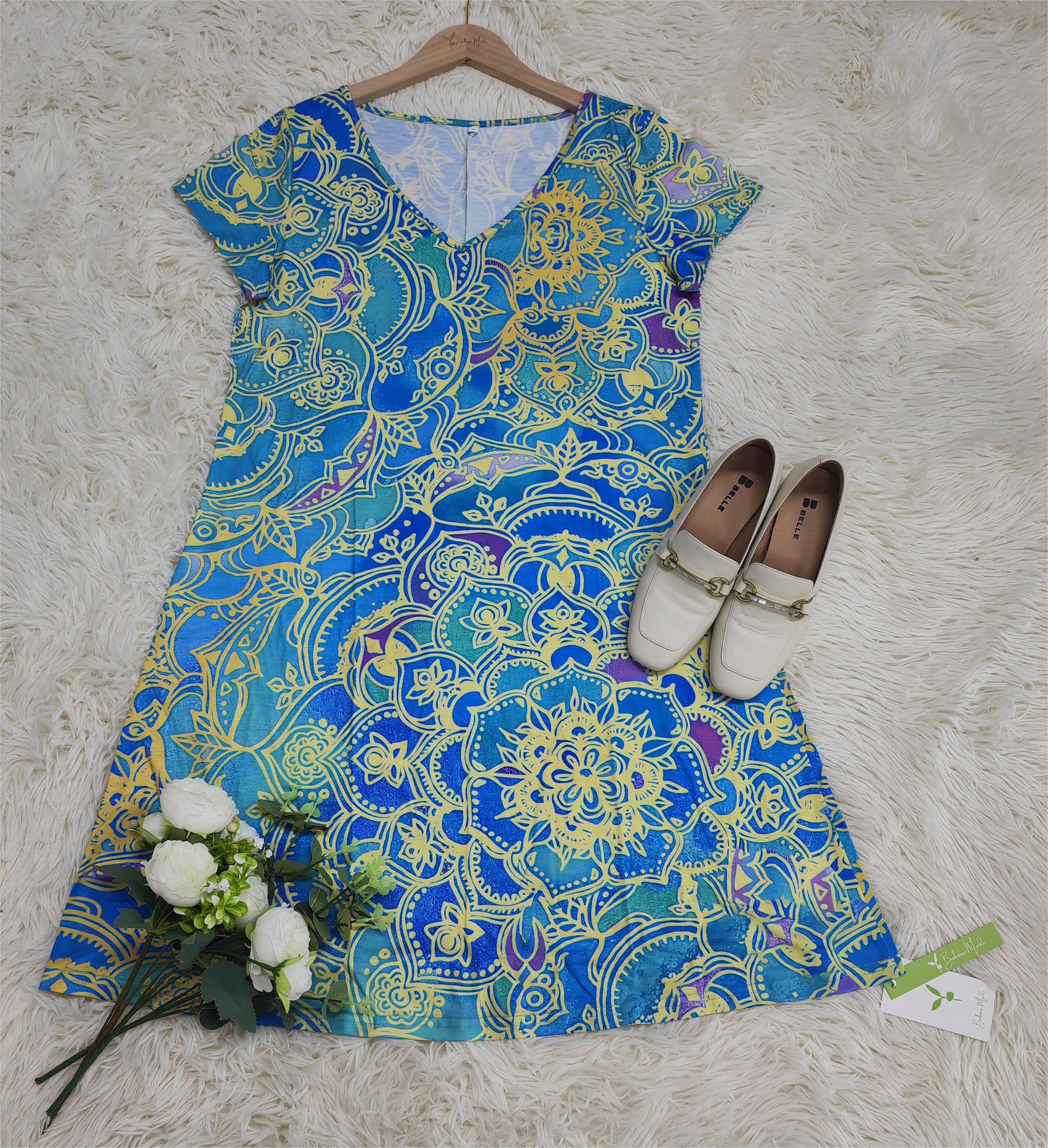 SpringStil® - Ocean blue knee-length mini dress with mandala print and short sleeves