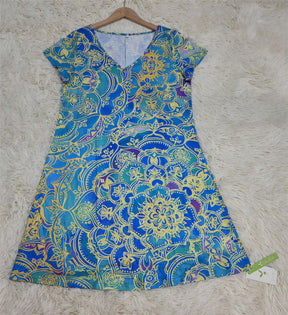 SpringStil® - Ocean blue knee-length mini dress with mandala print and short sleeves