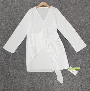 PureWear® - White Long Sleeve Tie Side Wrap Summer Mini Dress