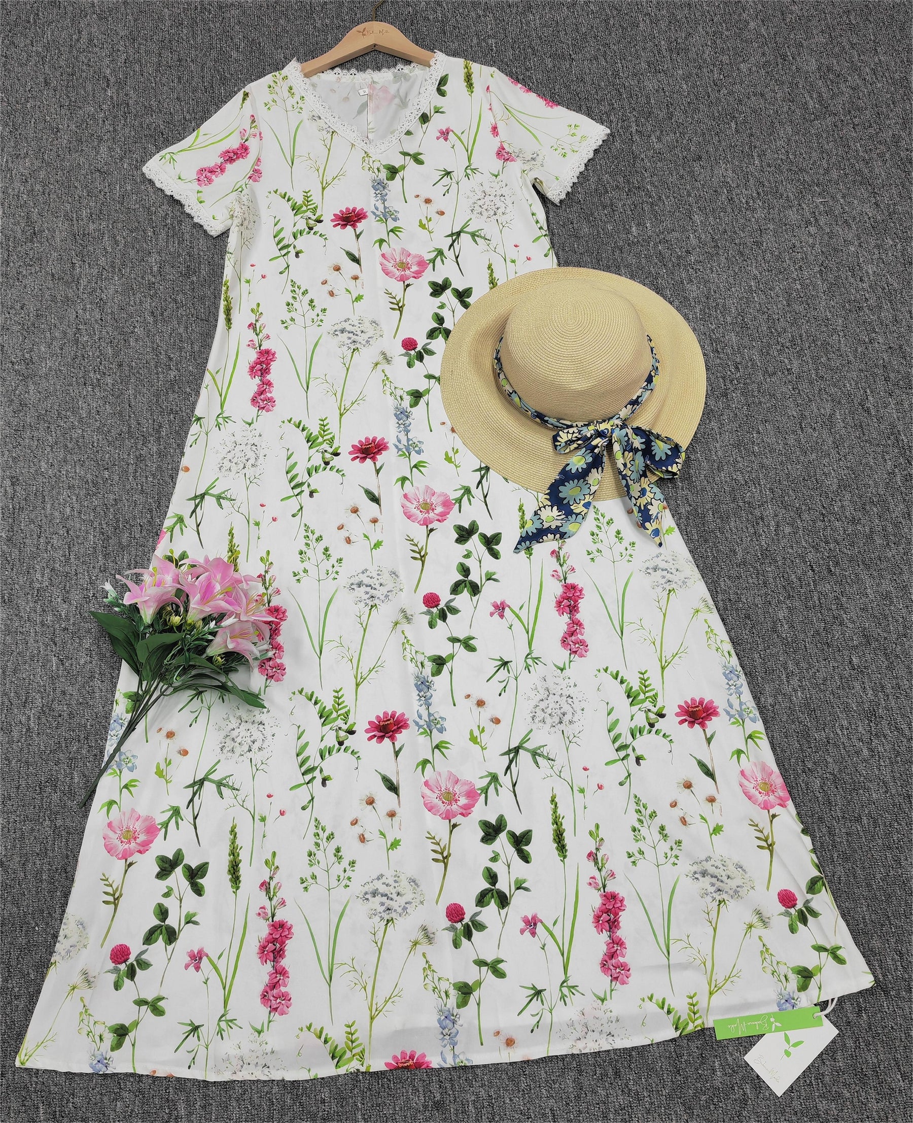 SpringStil® - Garden Print V-neck White Maxi Summer Dress