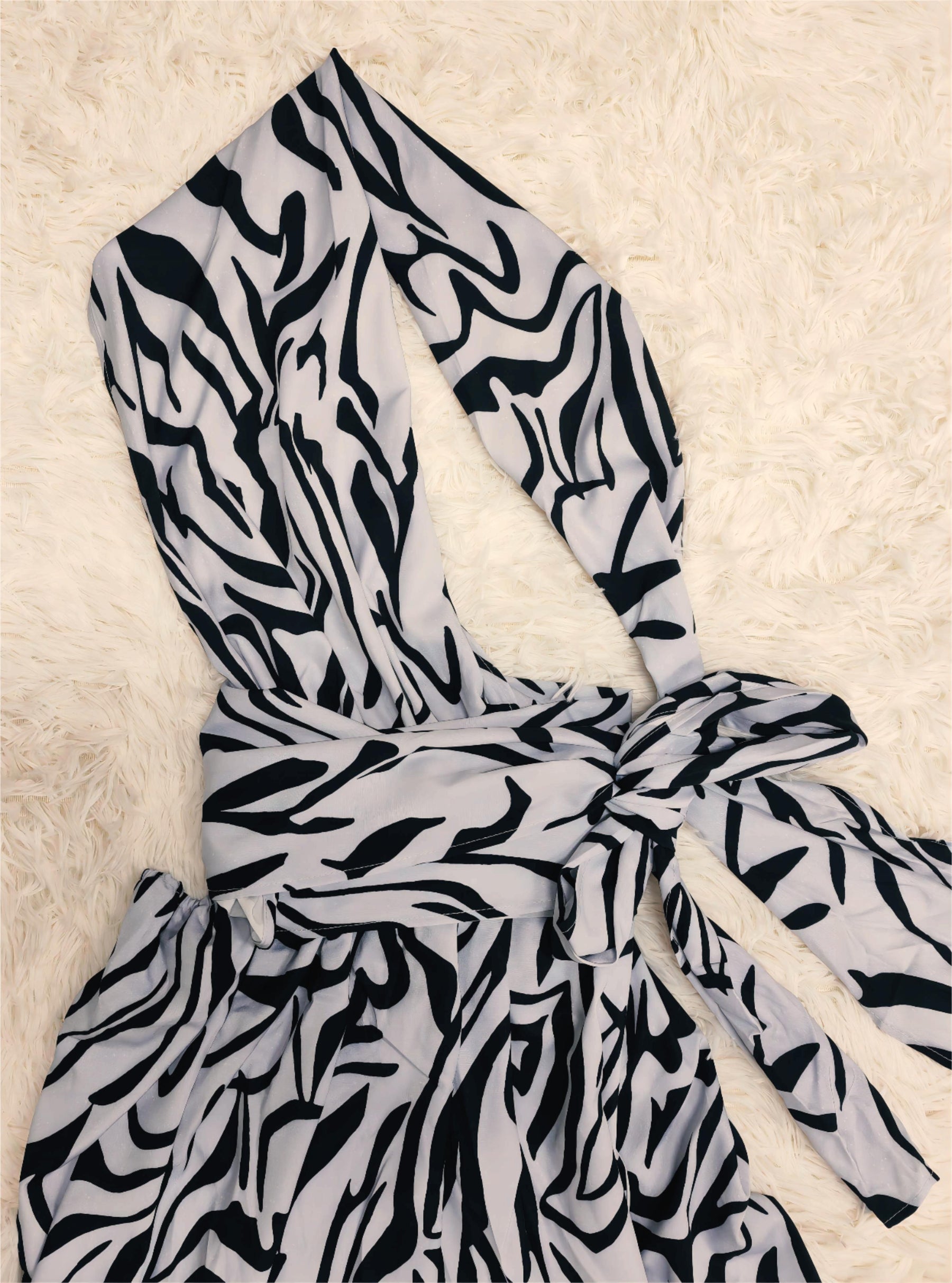 SpringStil® - White Black Zebra Print Asymmetric Maxi Dress with Front Slit